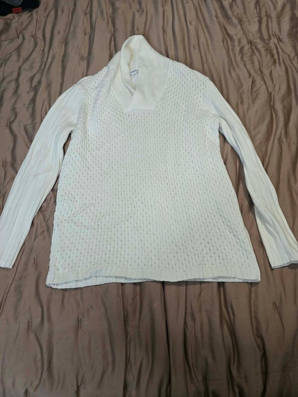 Calvin Klein White Cable Knit Sweater XL Shawl Collar V Neck